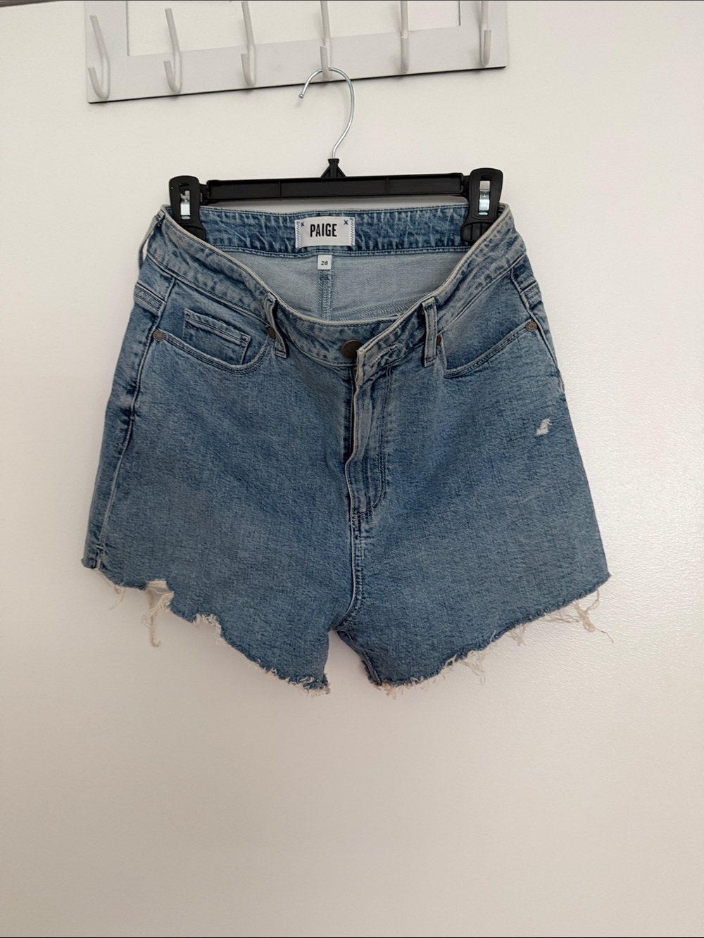 PAIGE Light Blue Distressed Denim Cutoff Shorts